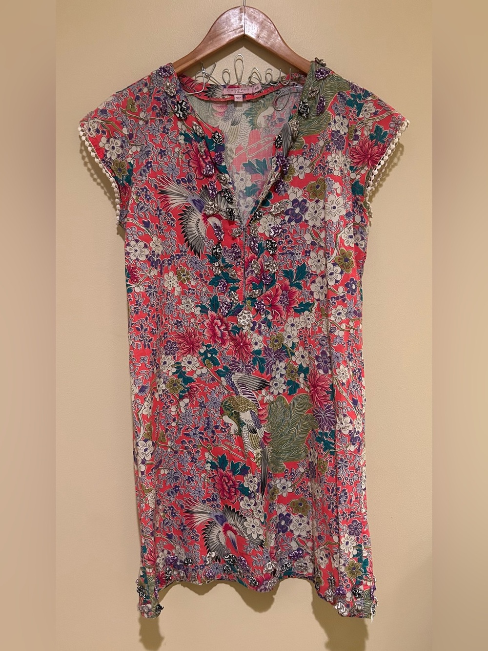 Calypso St. Barts Floral Print V-Neck Cap Sleeve Top in Coral Cotton Size XS